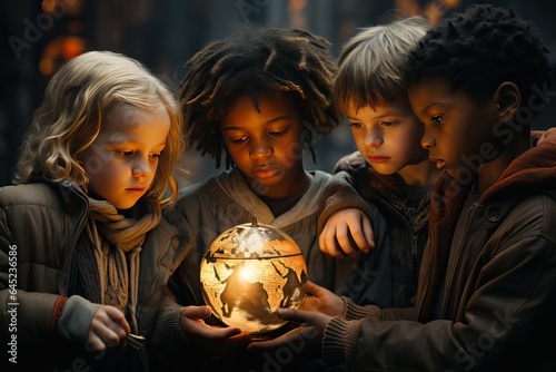 Children of Diverse Nationalities Holding a Globe - Healing the World Concept for a Unified Future. 