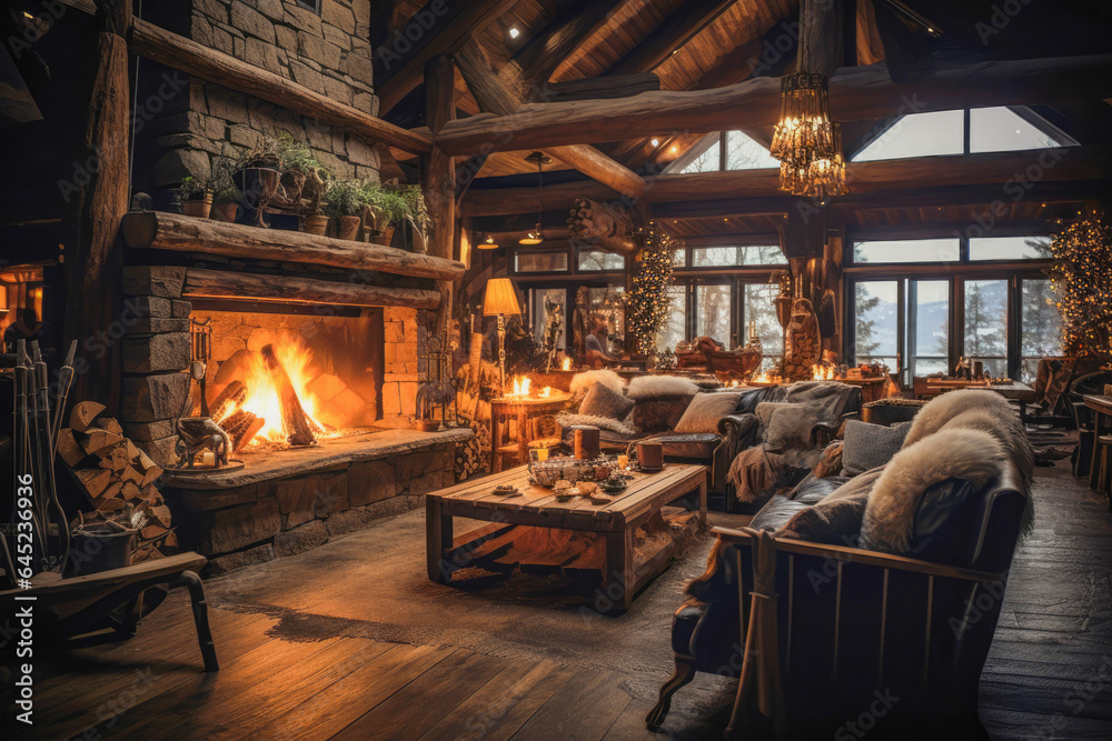 Rustic ski lodgem with a warm interior, winter coziness and mountain vibes. - obrazy, fototapety, plakaty 