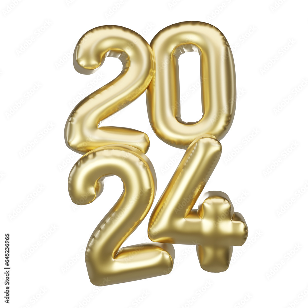 Happy New Year 2024 metallic gold foil balloons. 3D Illustration Golden Helium balloons 2024. Happy New Year 2024 metallic gold foil balloons. 3D Illustration Golden Helium balloons 2024.