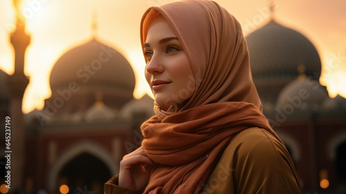 Muslim Woman Pose in Front of Beautifull Mosque