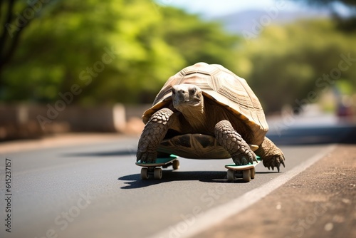 A tortoise riding on a skateboard, Generative AI