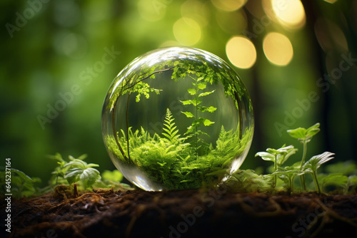 crystal ball containing trees nature ecology and plants surrounded by a green forest earth garden in nature. future of fragile beautiful nature