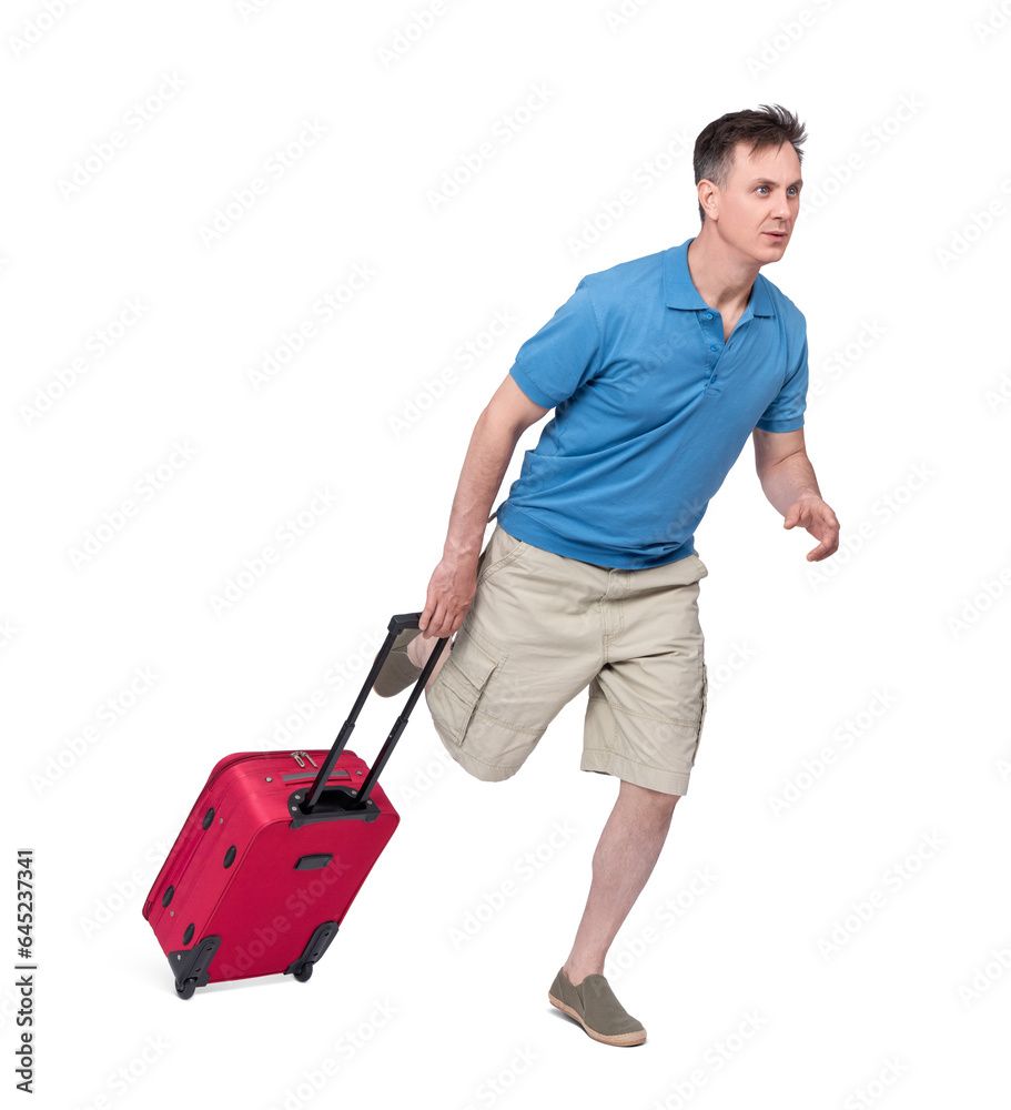 Man in a T-shirt, shorts and with a suitcase hurries, runs. Isolated on a transparent background png. Late passenger concept Man in a T-shirt, shorts and with a suitcase hurries, runs. Isolated on a transparent background png. Late passenger concept