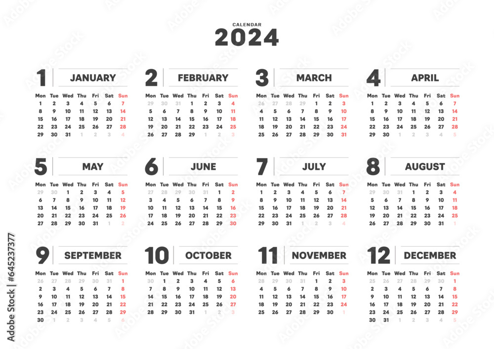 2024年のシンプルな年間カレンダー - 月曜始まり･12ヶ月･1年分の暦 - A判比率

