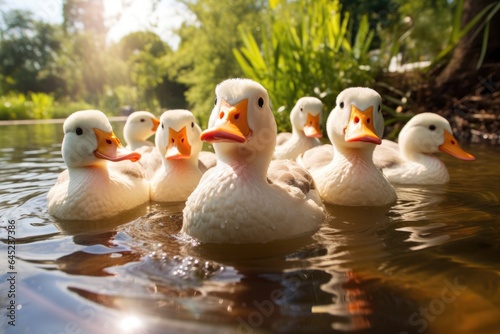 White ducks on the pond in summer.