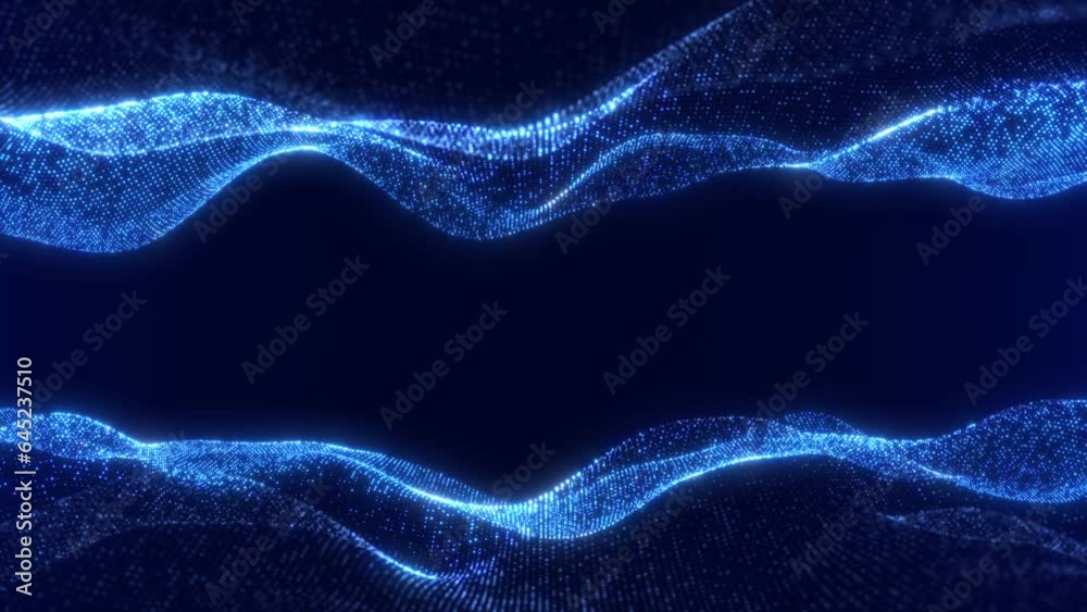 Abstract digital dynamic particle waves with light motion lights background, data flow, cyber technology. 3D rendering. Seamless loop 4k video. Screensaver video animation