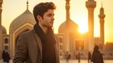 Handsome Muslim Man Pose in Front of Mosque at Golden Hour