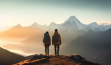 Couple hiker traveling, walking in Himalayas under sunset light. Man and Woman traveler enjoys with backpack hiking in mountains. Travel, adventure, relax, recharge concept.