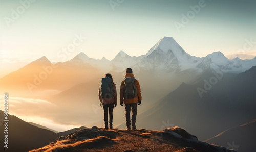 Couple hiker traveling, walking in Himalayas under sunset light. Man and Woman traveler enjoys with backpack hiking in mountains. Travel, adventure, relax, recharge concept.