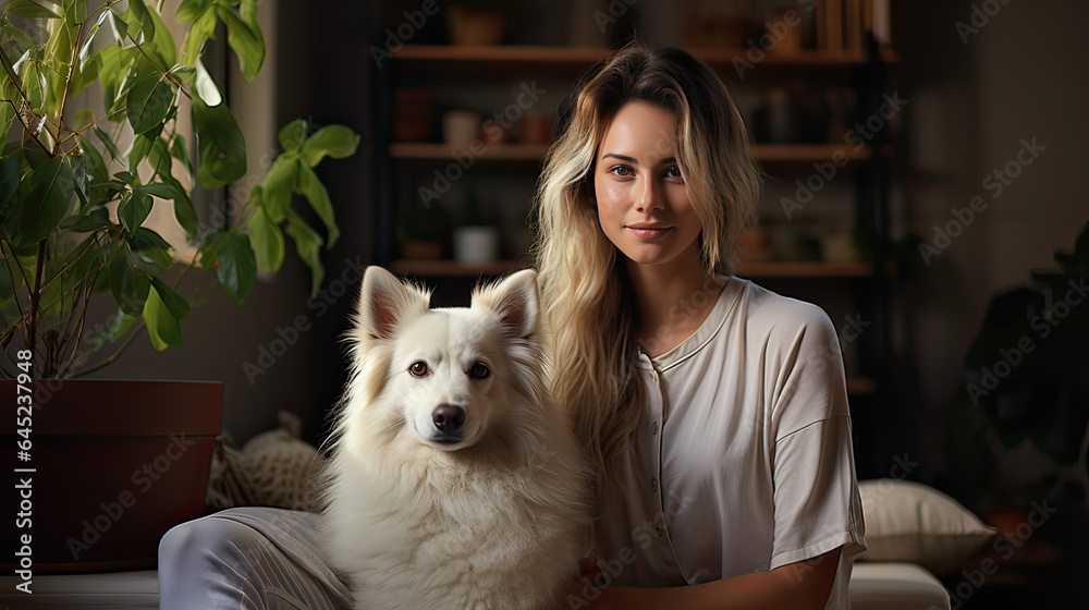 woman with blurry hands with white puppy seated on sofa in living room. wearing white T-shirt