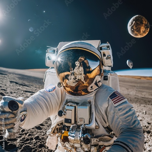 Astronaut on moon take a selfie concept creative photo