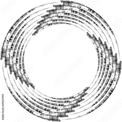 Black halftone dots in vortex form. Geometric art. Trendy design element.Circular and radial lines volute, helix.Segmented circle with rotation.Radiating arc lines
