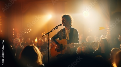 Handsome Man Perform Singing and Playing Guitar in Front of Audience