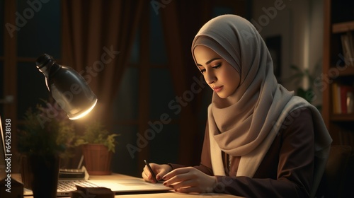 Young Muslim Hijab Woman Study with Desk Lamp in Midnight