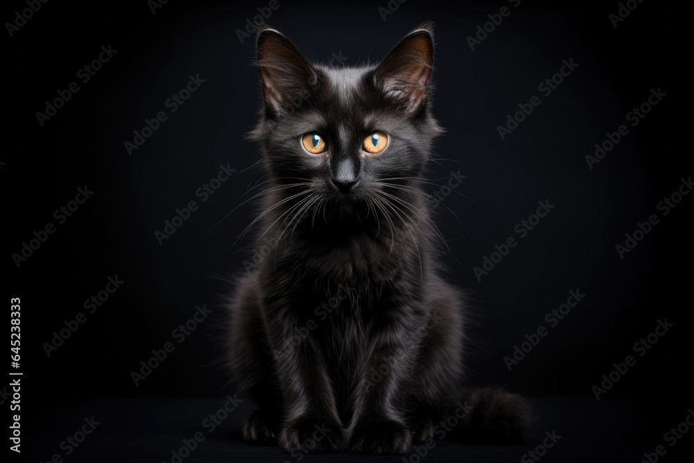 Fluffy cute black cat with yellow eyes isolated on dark background. Halloween autumn concept. Cute domestic pet. Dark monochrome plain background