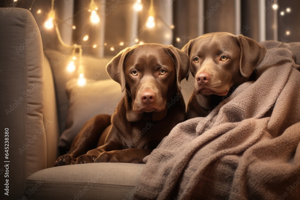 Two cute brown dogs sitting together under a blanket on bed at home. Pomeranian spitz breed. Beautiful pets family. Homeless animals, shelter concept Two cute brown dogs sitting together under a blanket on bed at home. Pomeranian spitz breed. Beautiful pets family. Homeless animals, shelter concept