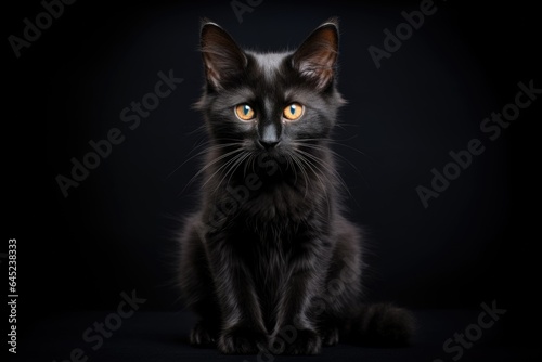 Fluffy cute black cat with yellow eyes isolated on dark background. Halloween autumn concept. Cute domestic pet. Dark monochrome plain background © ratatosk