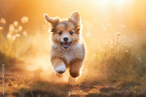 Banner with cute small welsh corgi pembroke puppy running outdoor in autumn field. Happy smiling dog. Funny pet