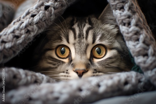 Cute gray tabby kitten in soft blanket. Cat under warm plaid at home. Winter or autumn pet. Heating season concept