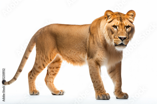 a lion standing on a white surface with a white background