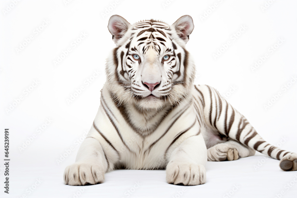 Obraz premium a white tiger laying down on a white surface