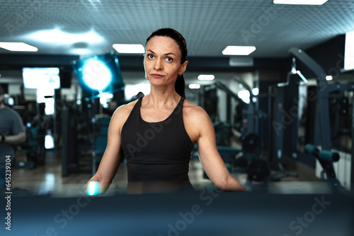 Brunette female athlete exercising on treadmill in modern gym