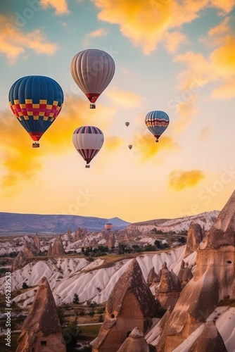 Colorful hot air balloons flying over mountain. Nature landscape, yellow clouds in the sky