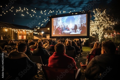 open air cinema in winter. People watching movie in open air movie theater. AI Generated