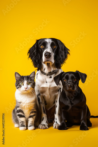 Two dogs and cat on a yellow background. Portrait of a dog and cat. 