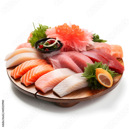 Sashimi platter with salmon  tuna and tuna isolated on white background Ai generate