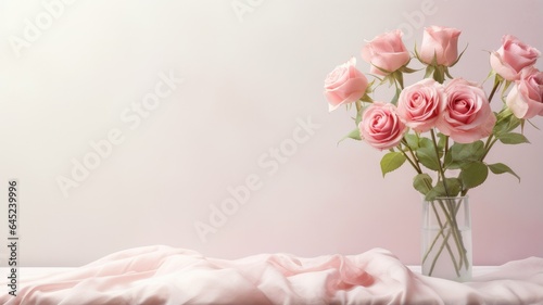 the soft silk background adorned with a bouquet of pink roses, with ample space for text. The minimalist style emphasizes the subtle beauty of the floral arrangement.