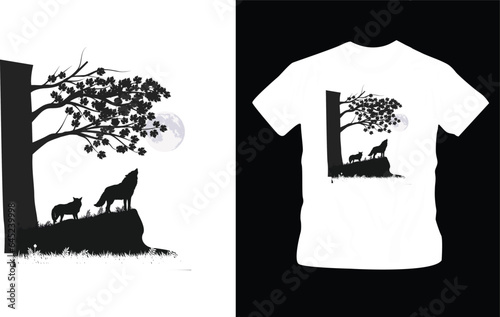 landscape background with silhouettes of wolves t-shirt design editable template