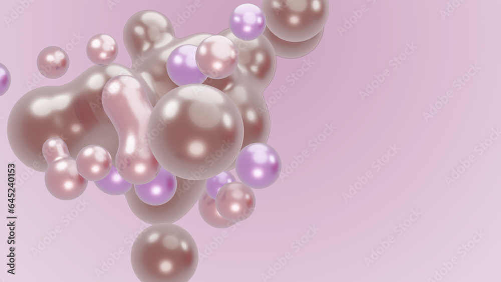 Fototapeta premium 3D render animation motion design presentation background wallpaper metasphere. Pink purple abstract meta sphere liquid shape moving deformation transition to meta balls bubbles drops pearls molecules