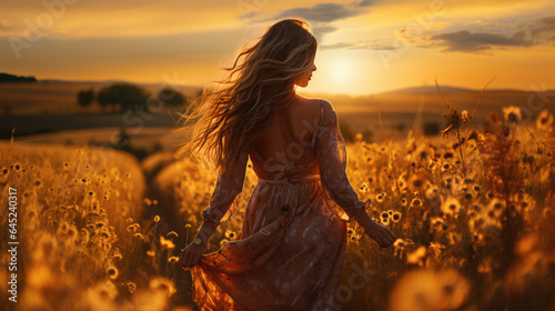 Generative ai illustration of woman enjoying summer Walking in meadows at sunset