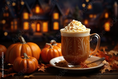 Spicy pumpkin latte with whipped cream. Cup of coffee and pumpkins on bright orange background. Autumn or winter hot coffee drink with cinnamon