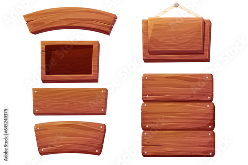 Set of wooden tablets, hanging textured panels rope, signboards with pointer, in cartoon style isolated on white background. Rustic board, plank with place. Ui game assets