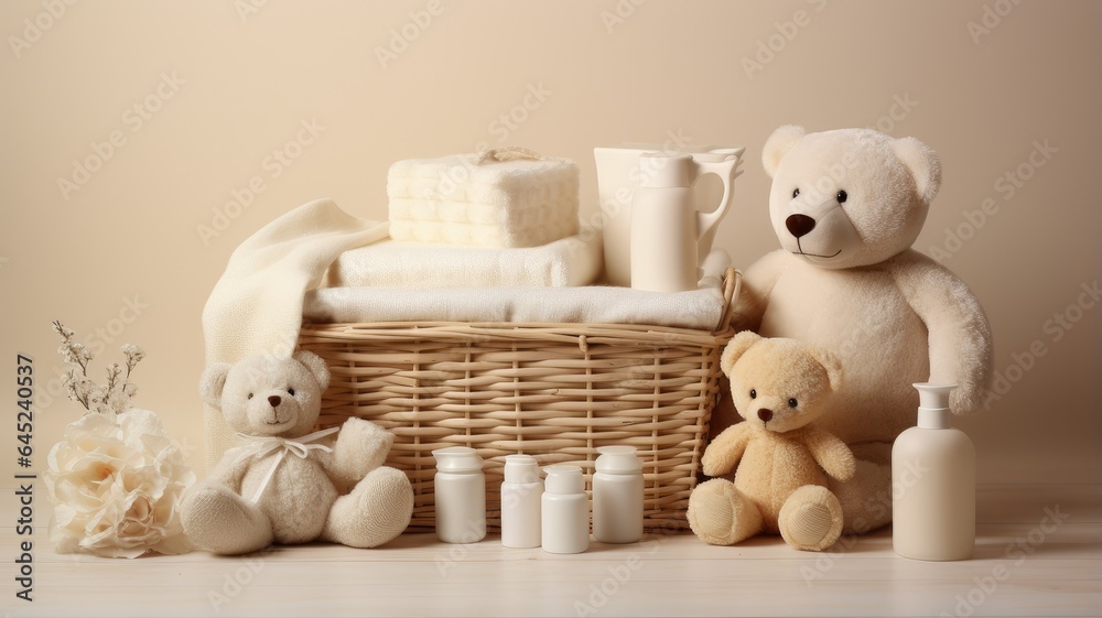 a knitted basket filled with gentle baby cosmetics, bath accessories, and a cuddly teddy bear, all neatly arranged on a white table set against a soothing beige background. a knitted basket filled with gentle baby cosmetics, bath accessories, and a cuddly teddy bear, all neatly arranged on a white table set against a soothing beige background.