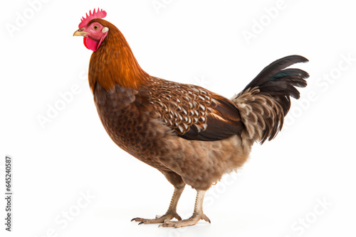 a rooster with a red comb standing on a white surface