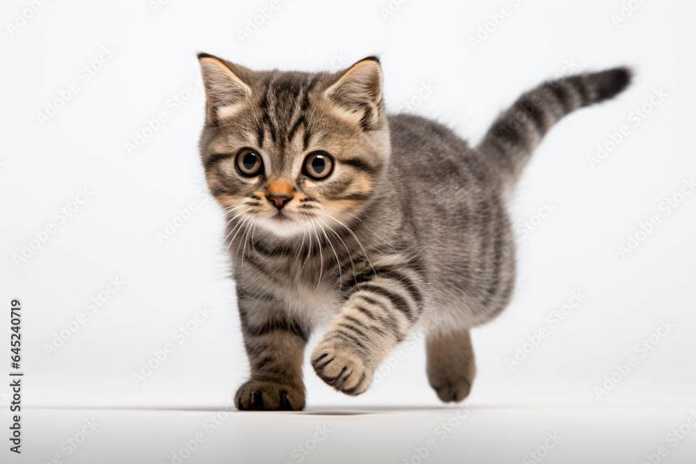 a small kitten is running on a white surface