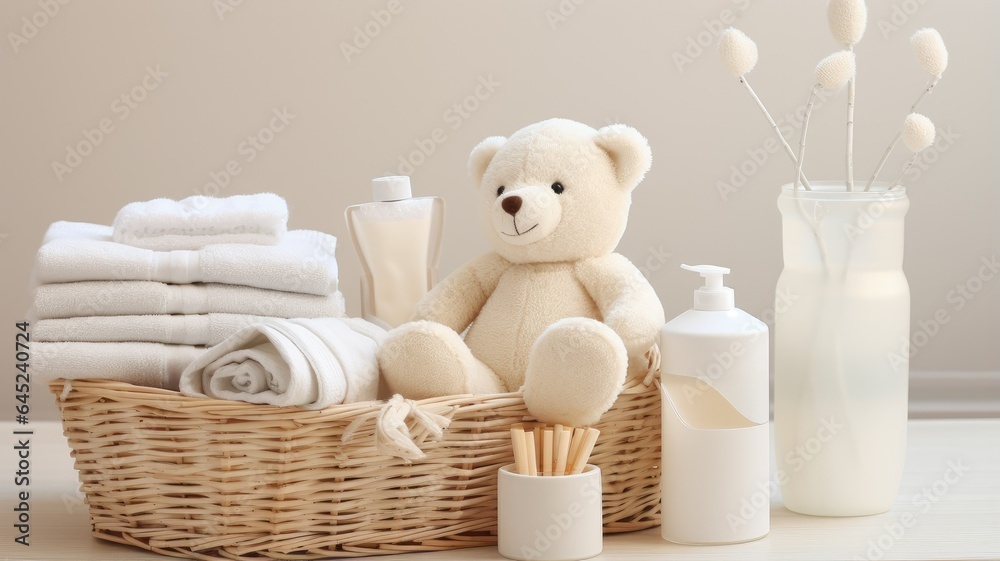 a knitted basket filled with gentle baby cosmetics, bath accessories, and a cuddly teddy bear, all neatly arranged on a white table set against a soothing beige background.