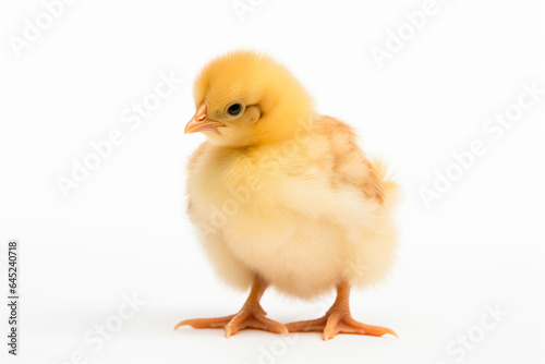 a small yellow chicken standing on a white surface