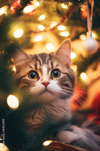 Cute cat under Christmas tree with glitter lights