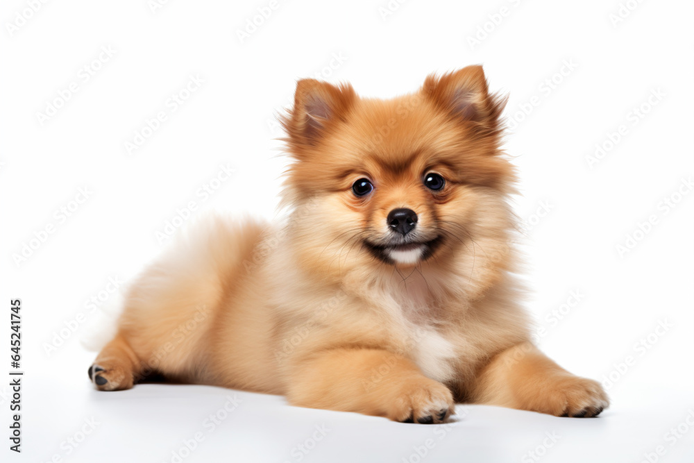 a small brown dog laying down on a white surface