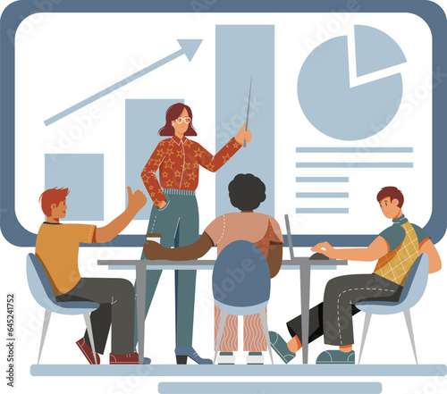 Business meeting team conference in office room. Flat character on presentation conference illustration, presenting charts and reports. Employees meeting at business training, seminar or conference.