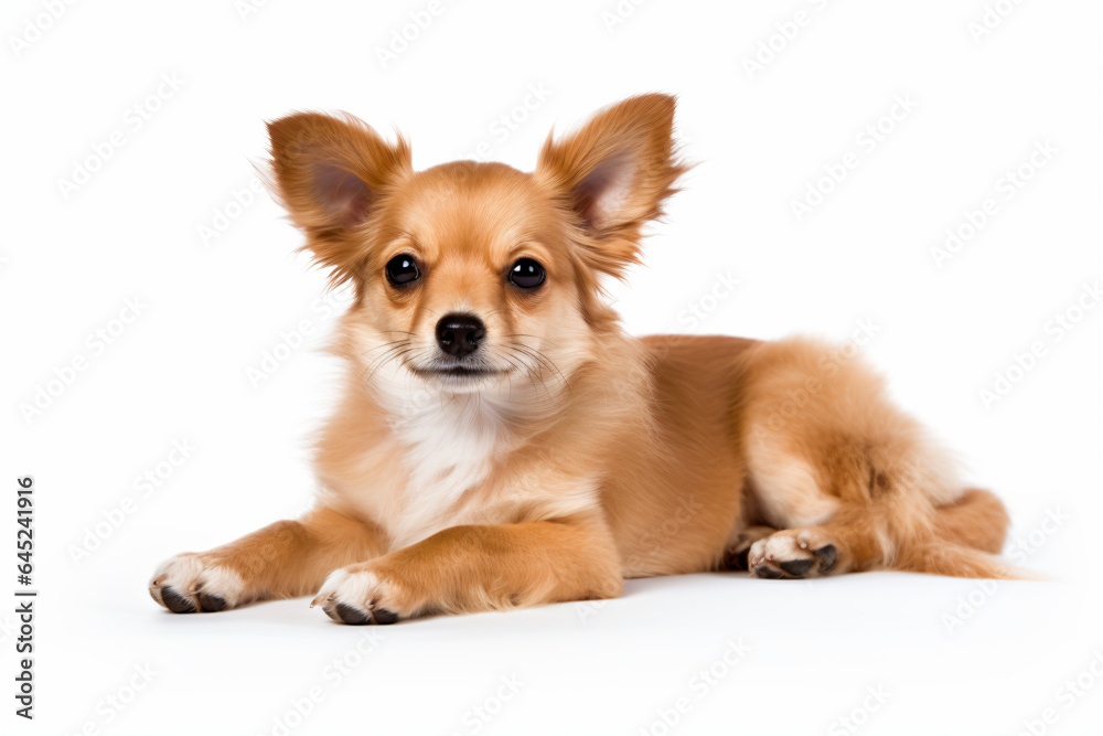 a small dog laying down on a white surface a small dog laying down on a white surface