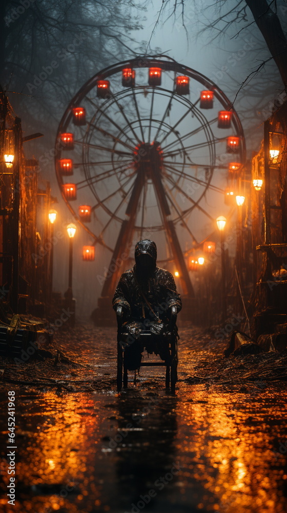 Silhouette of a person sitting in a chair in the middle of the night by an amusement park with a Ferris wheel