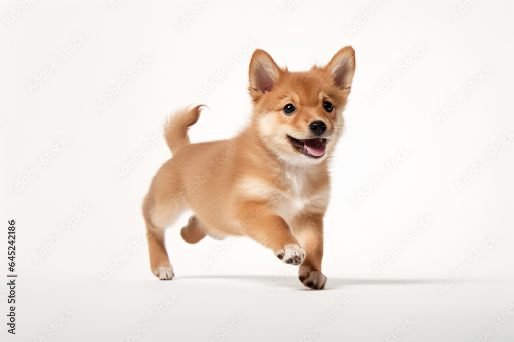 a small dog running across a white surface
