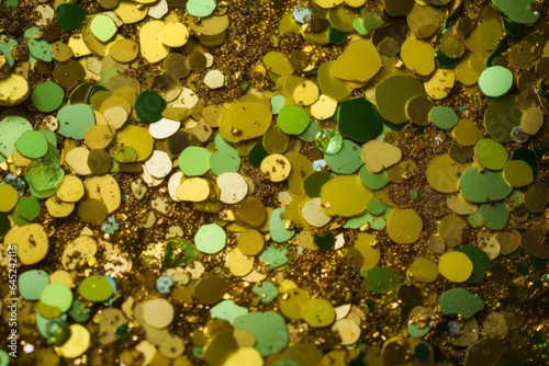 Gold and green confetti falling in a festive celebration
