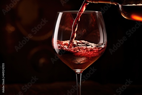 Pouring red wine into glass isolated on black background. Wineglasses. Romantic drink for party, wine shop or wine tasting concept. Hard light. Copy space