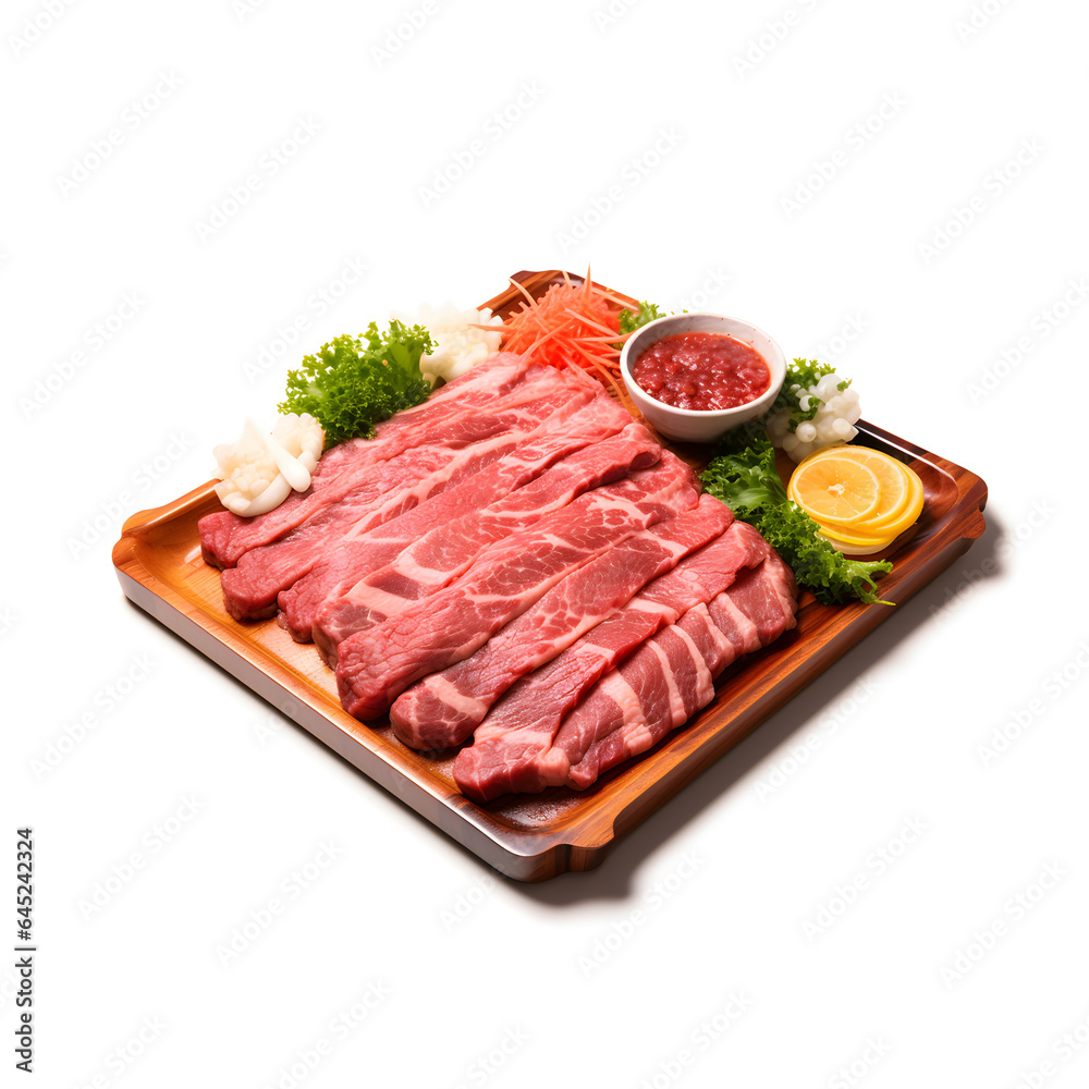 Raw beef sashimi on wooden plate isolated on white background Ai generate. Raw beef sashimi on wooden plate isolated on white background Ai generate.